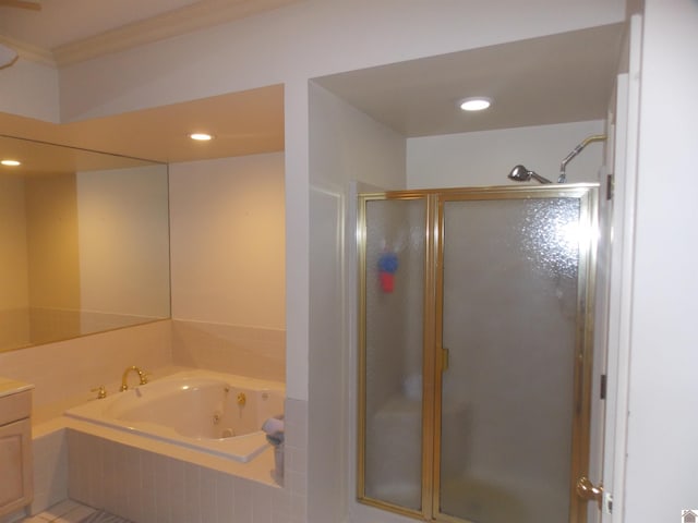 124 Arbor Crest Dr, Mayfield, KY 42066 - full bathroom featuring a stall shower, a tub with jets, ornamental molding, and recessed lighting