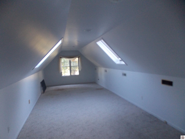 additional living space featuring carpet and vaulted ceiling with skylight