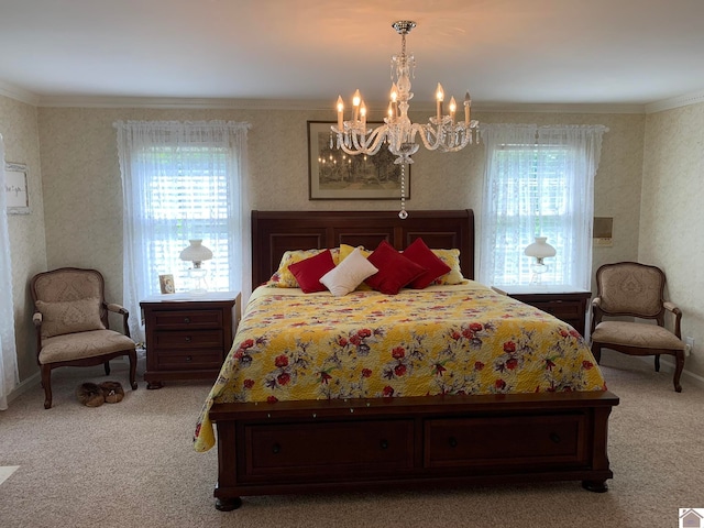 carpeted bedroom with ornamental molding, multiple windows, and an inviting chandelier