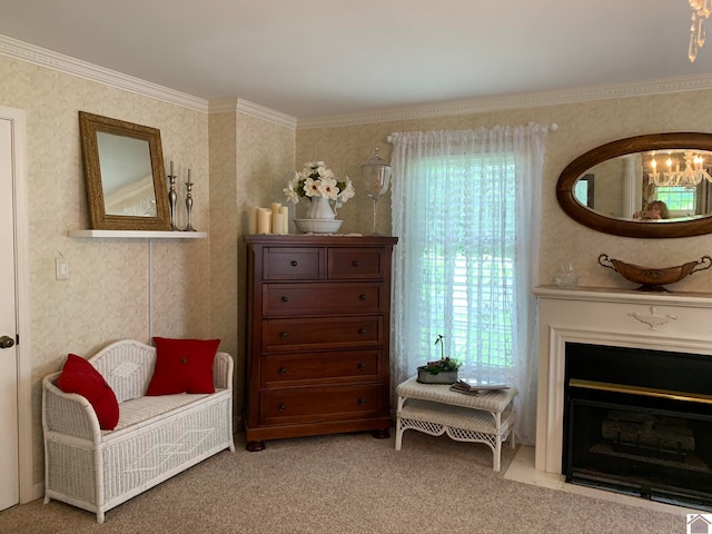 living area with crown molding and light colored carpet