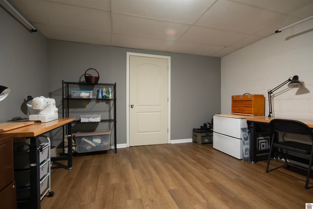 office featuring a paneled ceiling and wood-type flooring