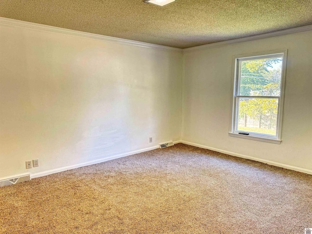 empty room featuring crown molding, a textured ceiling, and carpet floors