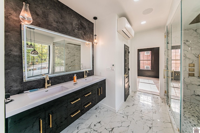 bathroom with vanity, a wall unit AC, plenty of natural light, and a shower with door