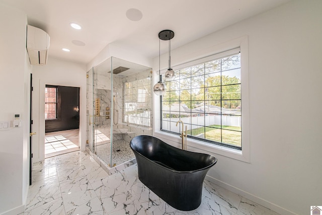 bathroom featuring a wealth of natural light, independent shower and bath, and a wall mounted air conditioner