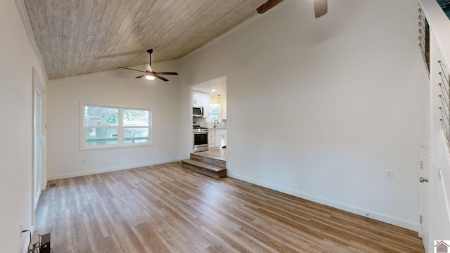 unfurnished living room featuring wooden ceiling, ornamental molding, vaulted ceiling, light wood-type flooring, and ceiling fan