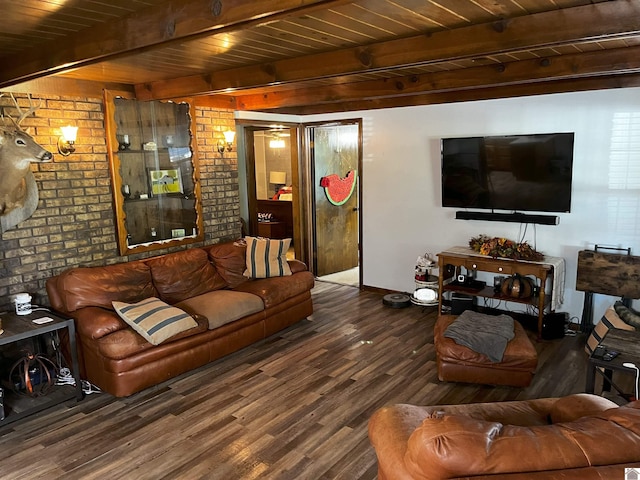 living room with beamed ceiling, hardwood / wood-style floors, wood ceiling, and brick wall