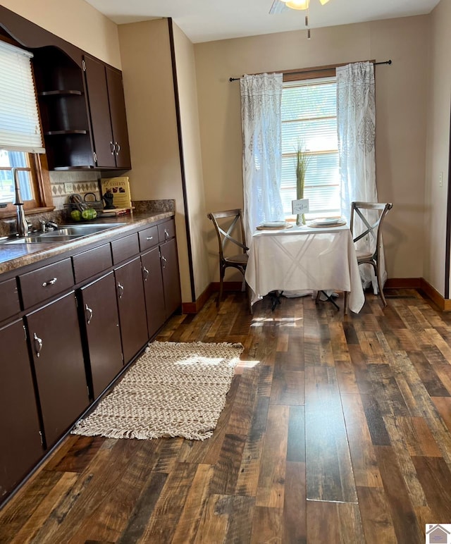 kitchen featuring decorative backsplash, ceiling fan, dark hardwood / wood-style floors, dark brown cabinetry, and sink