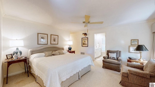 carpeted bedroom with connected bathroom, ceiling fan, and ornamental molding