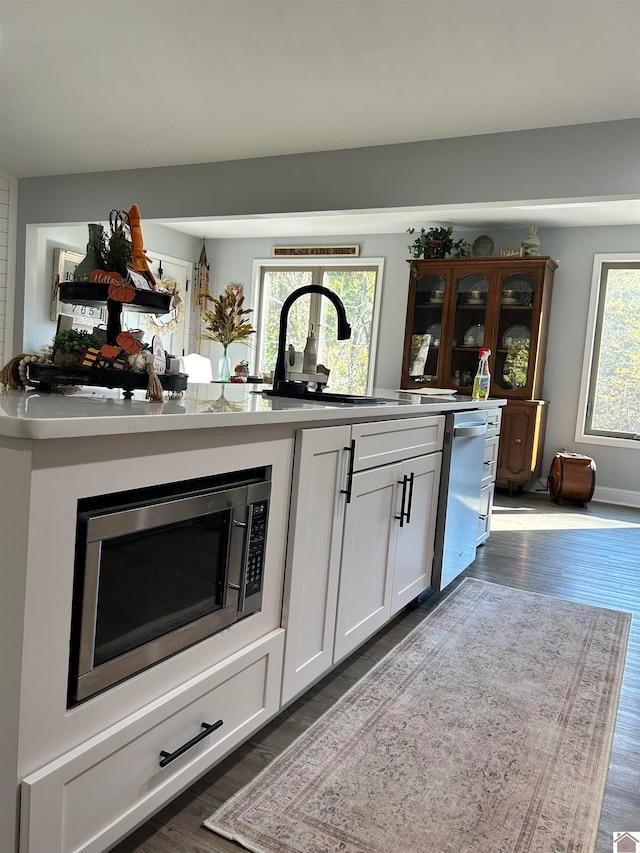 bar featuring white cabinets, dark hardwood / wood-style floors, a healthy amount of sunlight, and stainless steel appliances