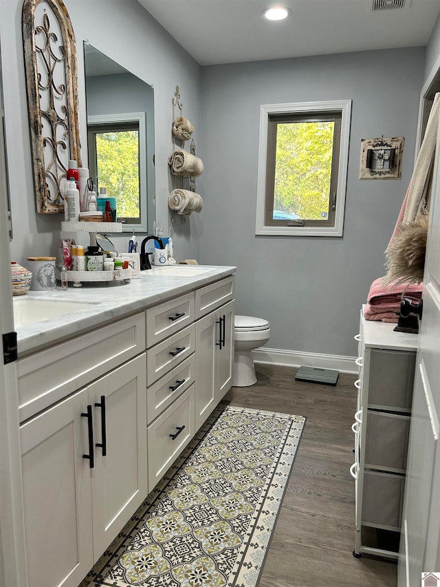 bathroom featuring vanity, hardwood / wood-style flooring, and toilet