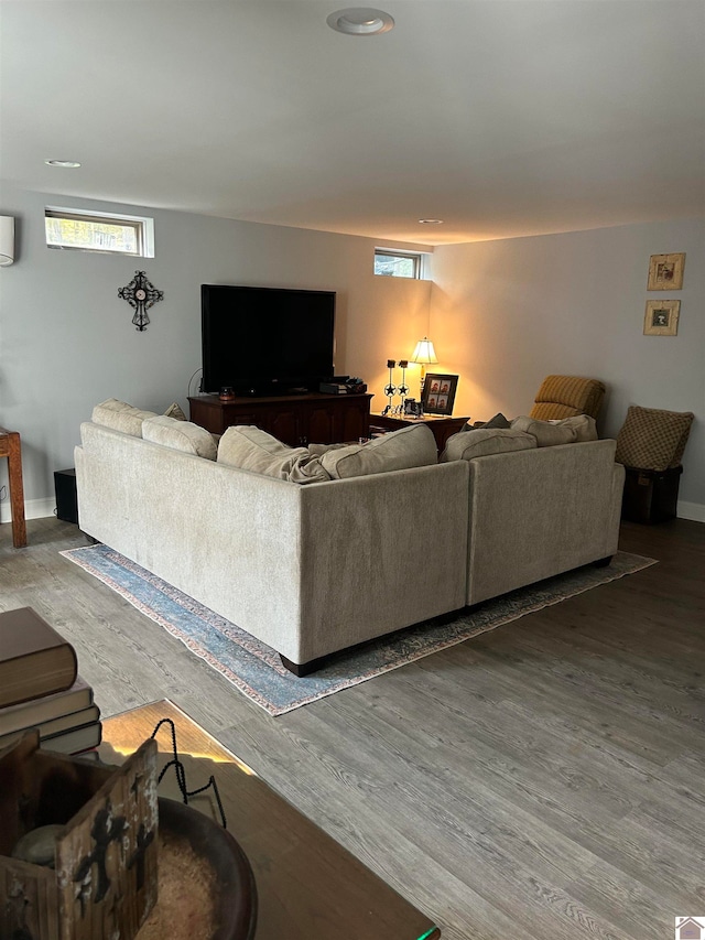 living room featuring a wall mounted AC and hardwood / wood-style flooring