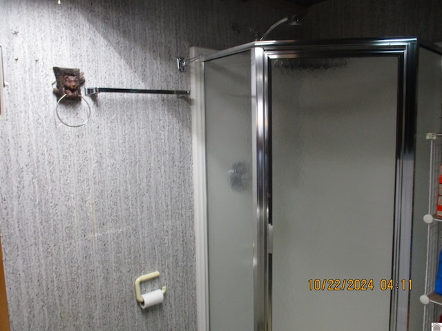 bathroom featuring a shower with shower door