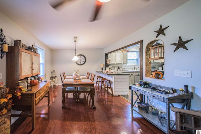 dining room with dark hardwood / wood-style floors, sink, and ceiling fan