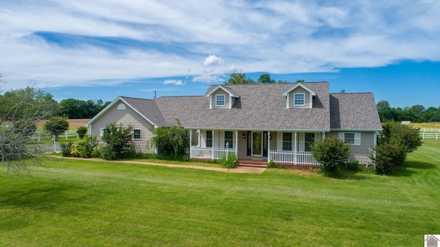 cape cod house with covered porch, a shingled roof, and a front yard