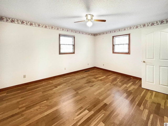 empty room featuring a textured ceiling, wood-type flooring, and plenty of natural light