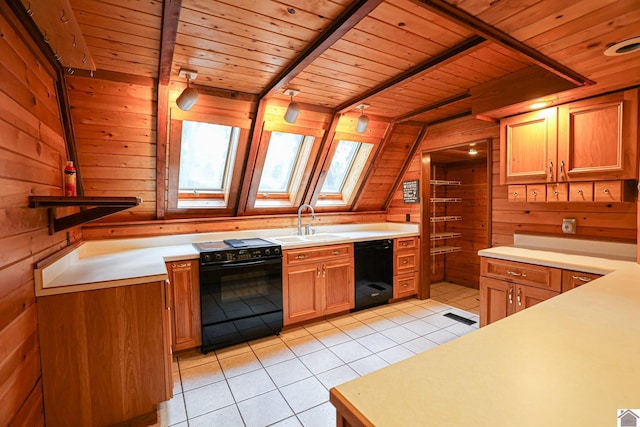 kitchen with wood ceiling, black appliances, a skylight, and wooden walls