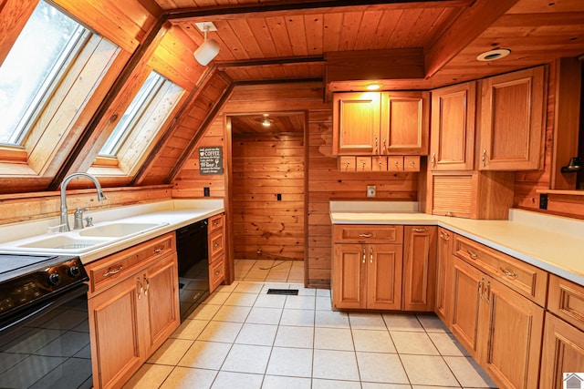 kitchen with wood ceiling, wooden walls, black appliances, light tile patterned floors, and lofted ceiling with skylight