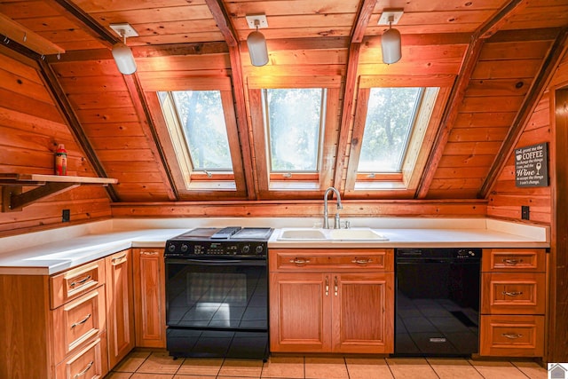 kitchen featuring a healthy amount of sunlight, wood ceiling, wood walls, and black appliances