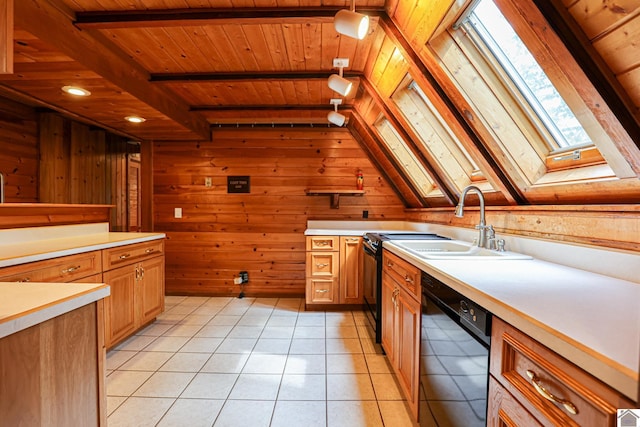 kitchen with black dishwasher, wooden ceiling, decorative light fixtures, light tile patterned floors, and wood walls