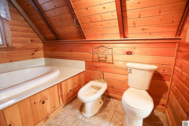 bathroom featuring wood ceiling, toilet, wooden walls, a bidet, and lofted ceiling with beams