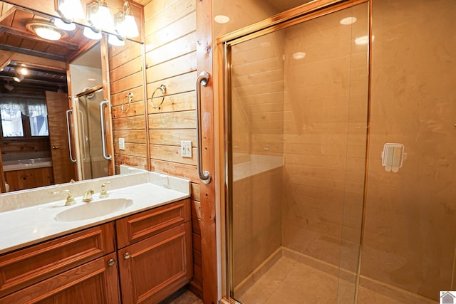 bathroom with vanity and walk in shower