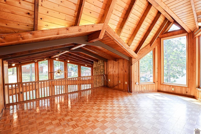 unfurnished living room featuring wood ceiling, wooden walls, and a wealth of natural light