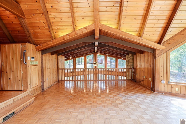 interior space featuring parquet flooring, wooden walls, and wooden ceiling