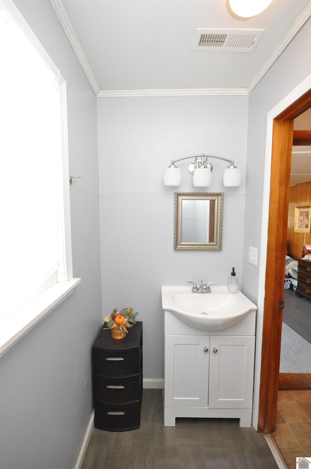 bathroom with vanity, crown molding, and hardwood / wood-style flooring