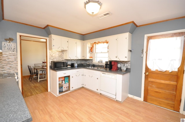 kitchen with ornamental molding, dishwasher, white cabinets, and light hardwood / wood-style floors