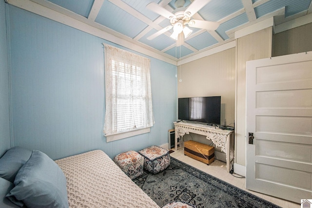 tiled bedroom with ceiling fan