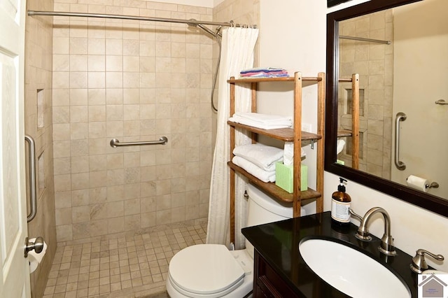 bathroom with vanity, a shower with curtain, and toilet