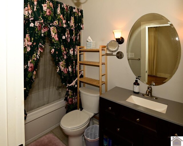 full bathroom with vanity, tile patterned flooring, toilet, and shower / bathtub combination with curtain