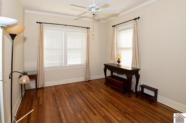 interior space with crown molding, dark hardwood / wood-style flooring, and ceiling fan