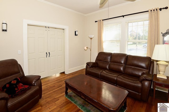 living room featuring crown molding and dark hardwood / wood-style flooring