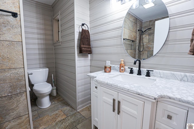 bathroom with vanity, toilet, and a shower