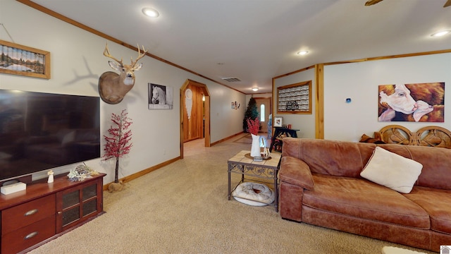 living room with ornamental molding