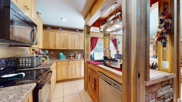 kitchen featuring light brown cabinetry, stove, dishwasher, and light tile patterned flooring