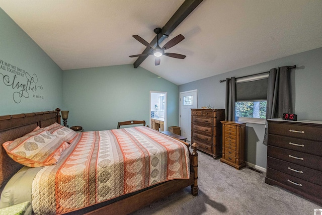 bedroom with lofted ceiling with beams, light colored carpet, and ceiling fan