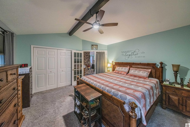 bedroom featuring a closet, ceiling fan, carpet flooring, and vaulted ceiling with beams