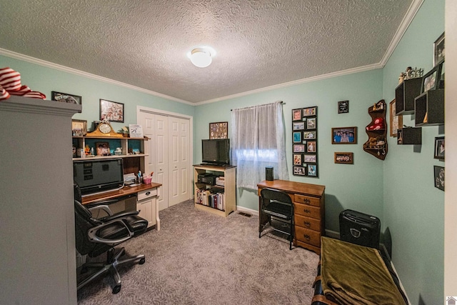 office space with light carpet, crown molding, and a textured ceiling