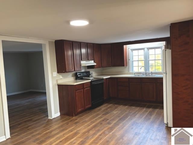 kitchen with black / electric stove, white fridge, sink, and dark hardwood / wood-style floors