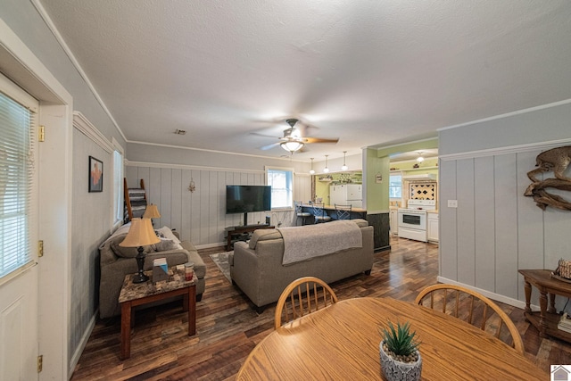 dining room featuring wood walls, dark hardwood / wood-style floors, a textured ceiling, and ceiling fan