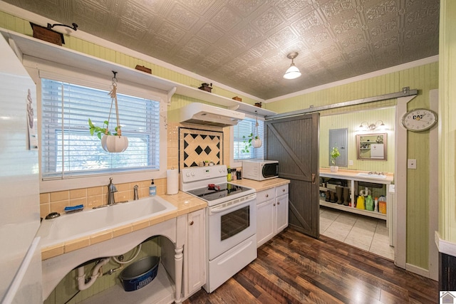 kitchen with ventilation hood, a barn door, dark hardwood / wood-style floors, pendant lighting, and white appliances