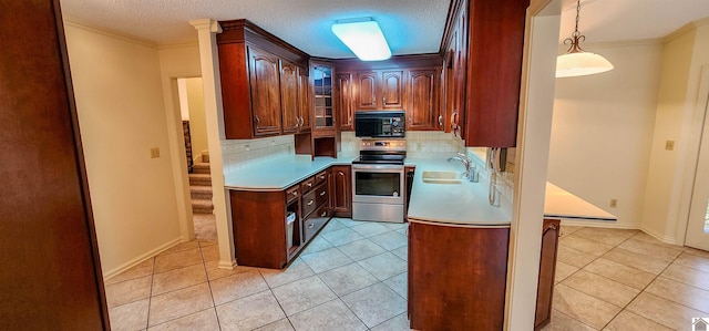 kitchen featuring stainless steel electric range, hanging light fixtures, backsplash, and light tile patterned floors