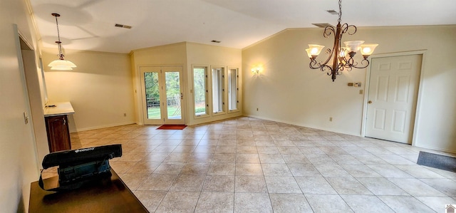 interior space featuring ornamental molding, a chandelier, vaulted ceiling, and light tile patterned floors