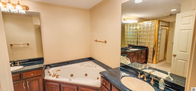 bathroom featuring shower with separate bathtub, vanity, and crown molding