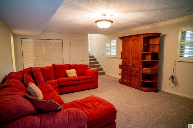 carpeted living room featuring a textured ceiling