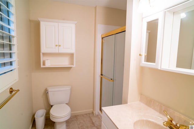 bathroom with walk in shower, tile patterned flooring, vanity, and toilet