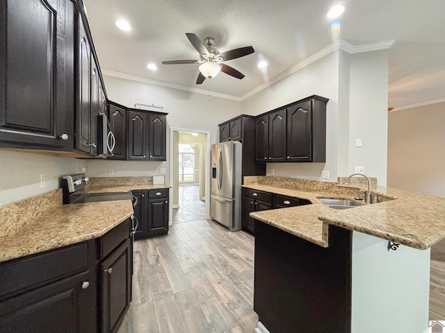 kitchen with kitchen peninsula, light hardwood / wood-style flooring, sink, crown molding, and appliances with stainless steel finishes