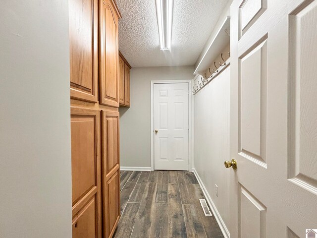 mudroom with dark wood-type flooring and a textured ceiling